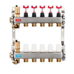 Rozdělovač nerez s průtokoměry a uzav. ventily, 5 okruhů