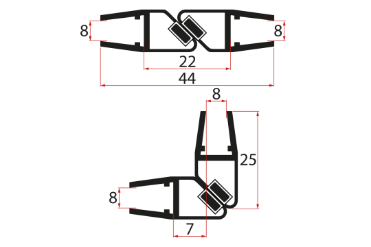 Set magnetických těsnění 45°pro sklo 8/8mm , 2000mm, černá