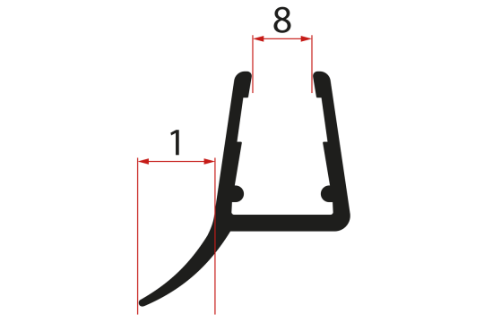 Spodní těsnění na pevné sklo  8mm, 1000mm, černá