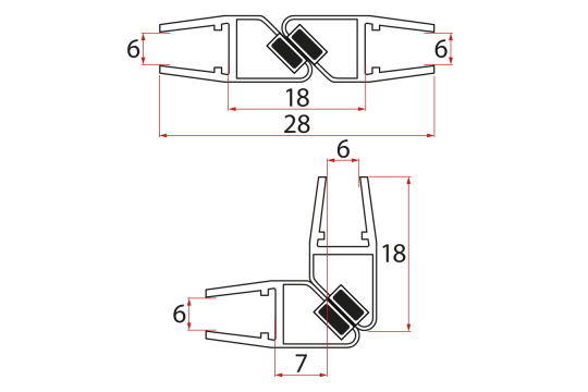 Set magnetických těsnění 45°pro sklo 6/6mm, 2000mm