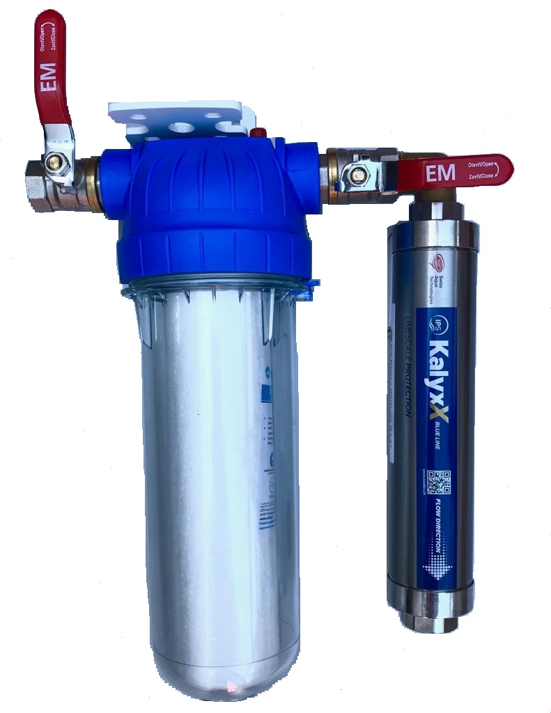 Zmäkčovač vody IPS Kalyxx BlueLine - G 1/2&quot; s filtrom a kohúty - vertikálna montáž IPSKXG12V