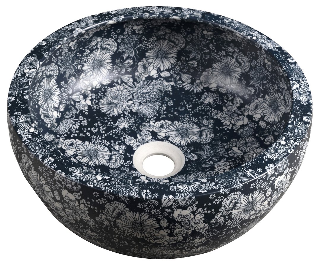 Keramické umývadlo PRIORI na dosku, Ø 41 cm, modré kvety PI038