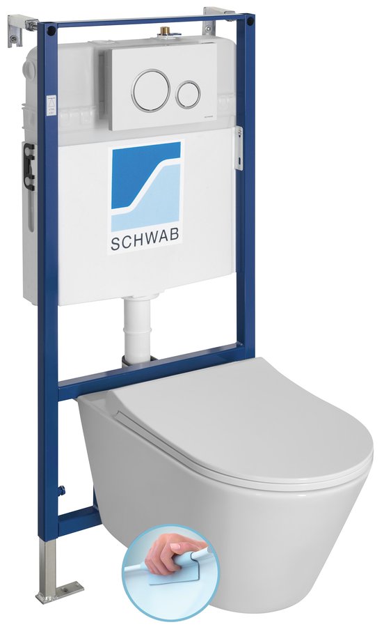 Závesné WC AVVA Rimless s podomietkovou nádržkou a tlačidlom Schwab, biela 100314-SET5