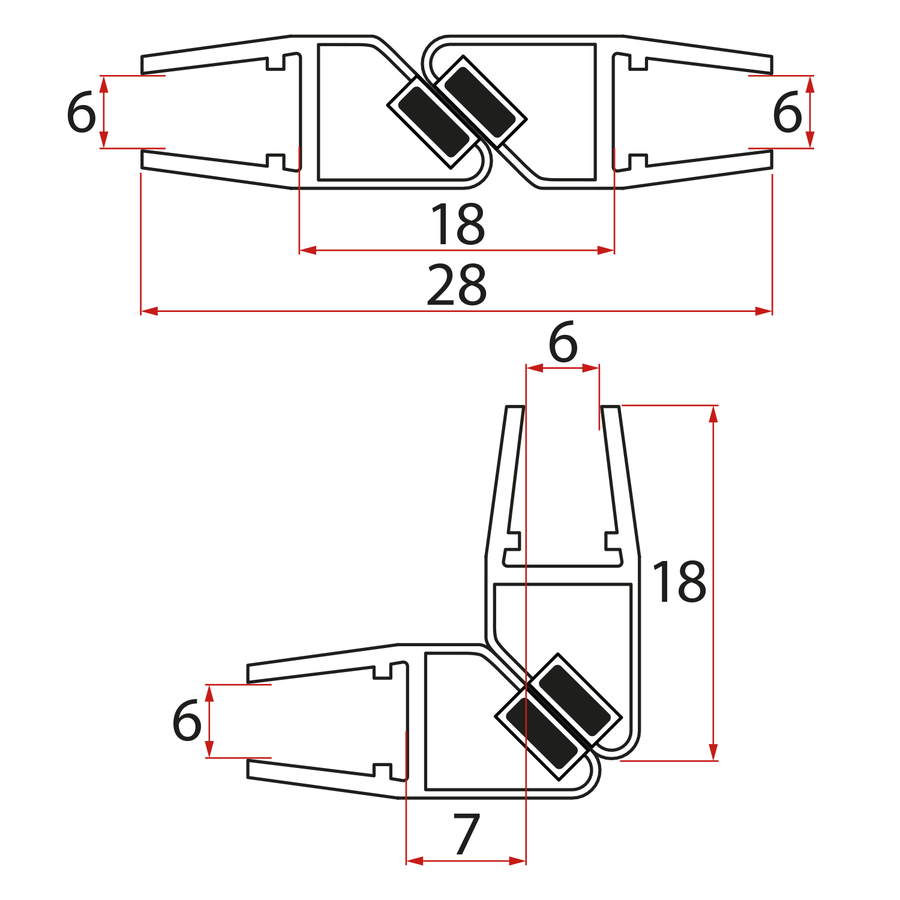 Set magnetických tesnení 45° pre sklo 6/6mm, 2000mm MAG01